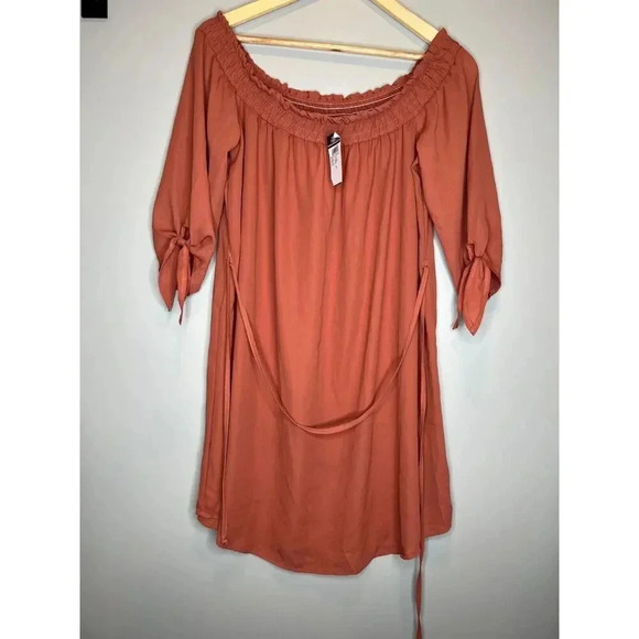 Polly & ester off shoulder mauve orange dress tie waist fall midi size LARGE - Picture 1 of 4